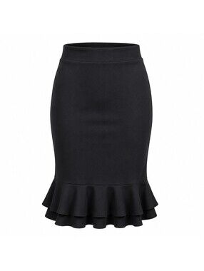 C Est. 1946 Black Double Tiered Ruffle Hem Stretch Bodycon Skirt Medium